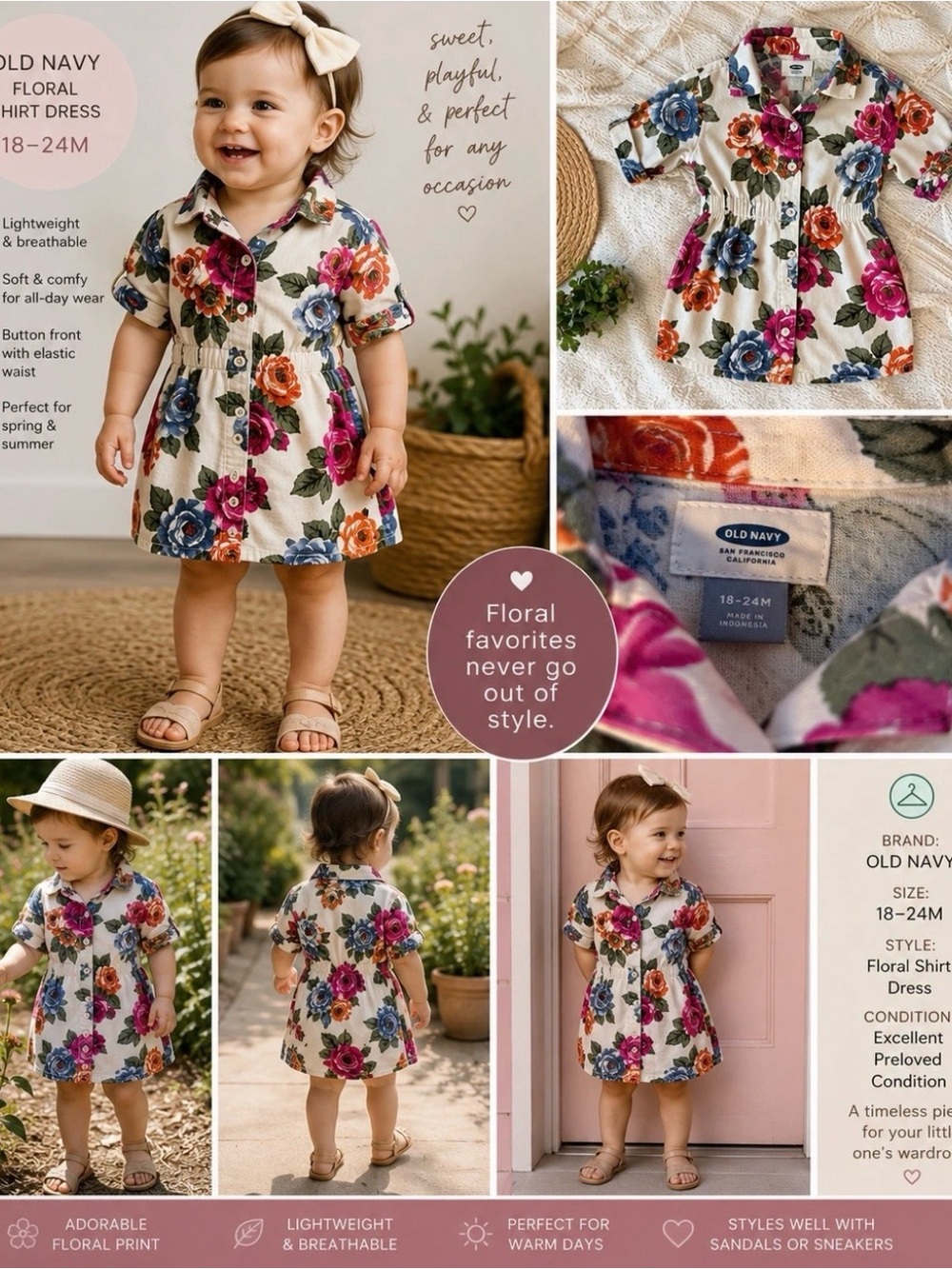 Old Navy Dress 18-24M Girls Floral  Rose Shirt Dress Beige Pink Blue Cottagecore